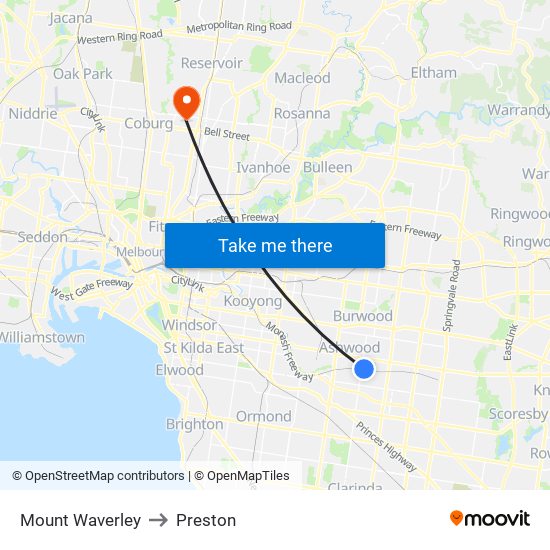 Mount Waverley to Preston map