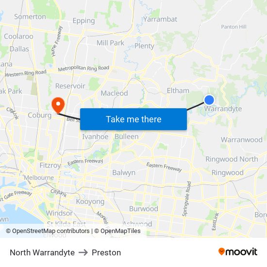 North Warrandyte to Preston map