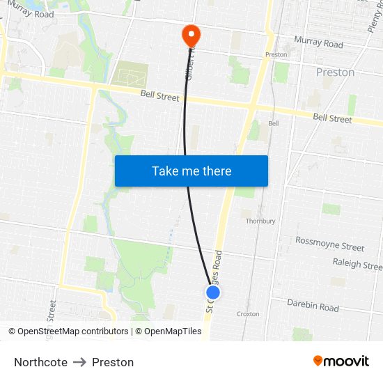 Northcote to Preston map