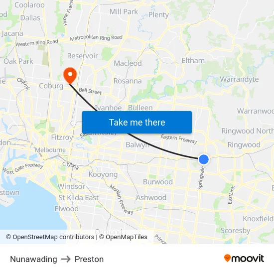 Nunawading to Preston map