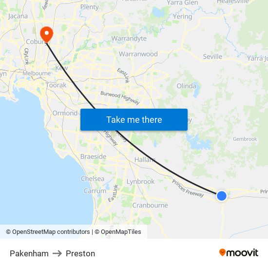 Pakenham to Preston map