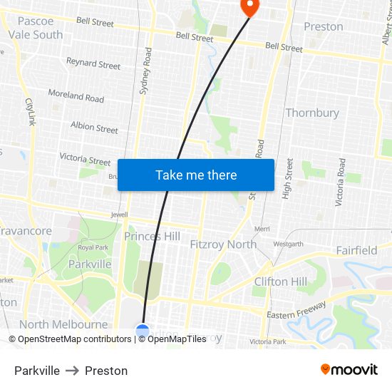 Parkville to Preston map