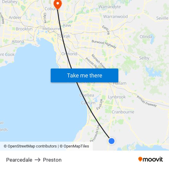 Pearcedale to Preston map