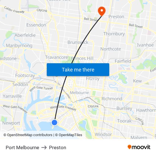 Port Melbourne to Preston map