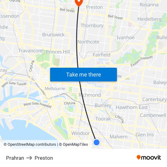 Prahran to Preston map