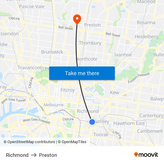 Richmond to Preston map