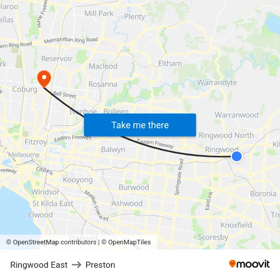 Ringwood East to Preston map