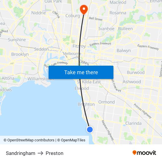 Sandringham to Preston map