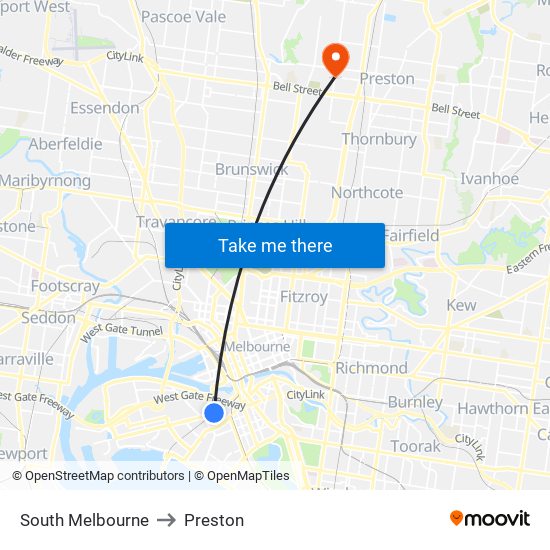 South Melbourne to Preston map