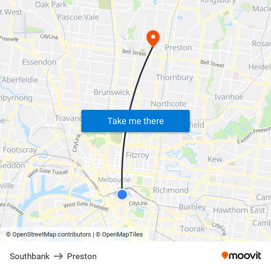 Southbank to Preston map