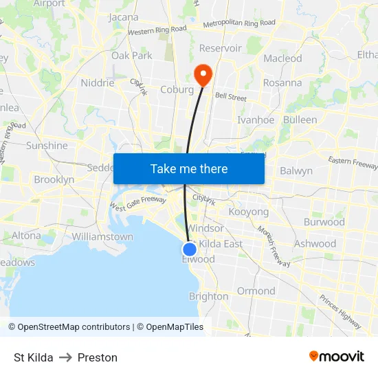 St Kilda to Preston map
