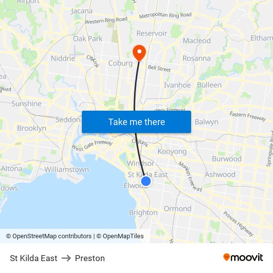 St Kilda East to Preston map