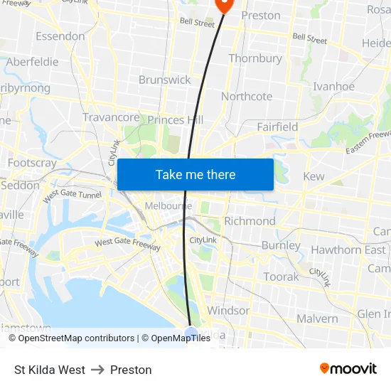 St Kilda West to Preston map