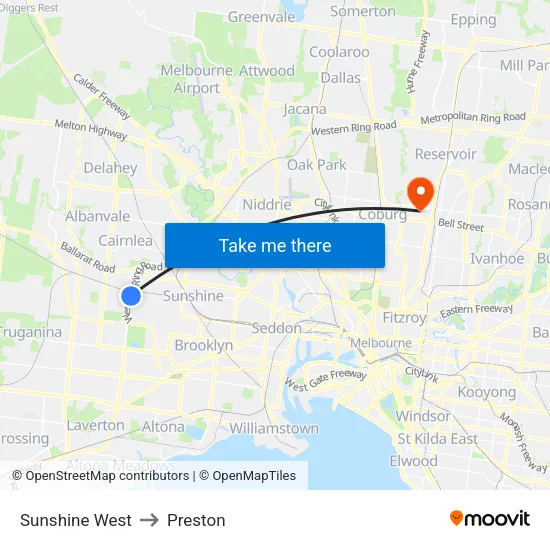 Sunshine West to Preston map