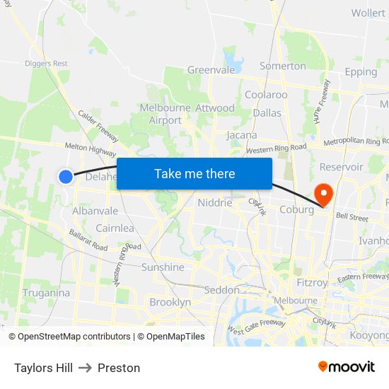 Taylors Hill to Preston map