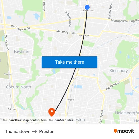 Thomastown to Preston map