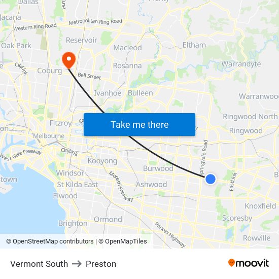 Vermont South to Preston map
