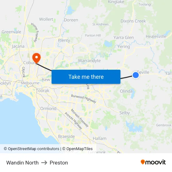 Wandin North to Preston map