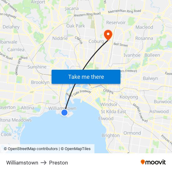 Williamstown to Preston map