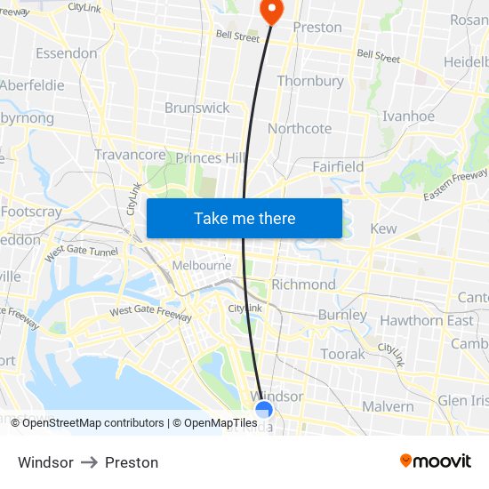 Windsor to Preston map