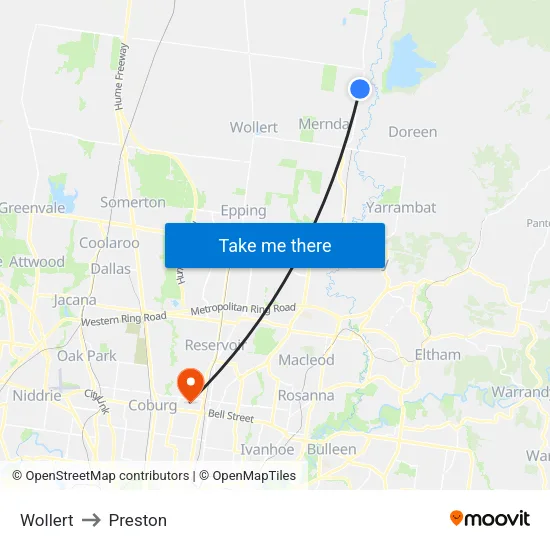Wollert to Preston map