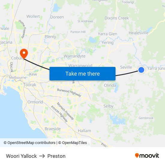 Woori Yallock to Preston map