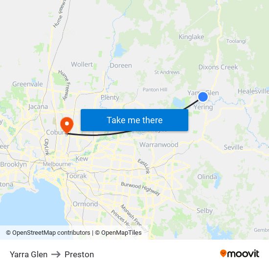 Yarra Glen to Preston map