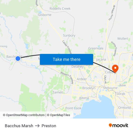 Bacchus Marsh to Preston map