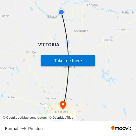 Barmah to Preston map