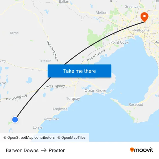 Barwon Downs to Preston map