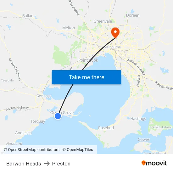 Barwon Heads to Preston map