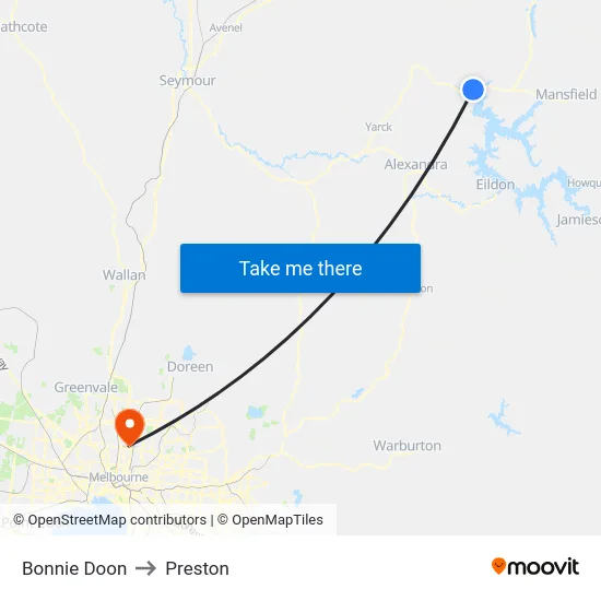 Bonnie Doon to Preston map