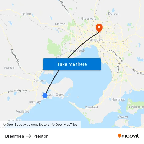 Breamlea to Preston map