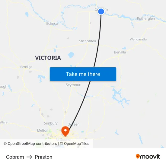Cobram to Preston map