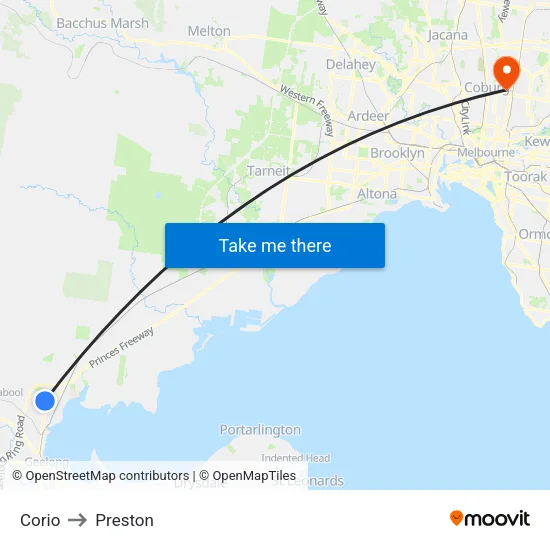 Corio to Preston map