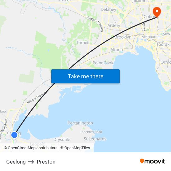 Geelong to Preston map