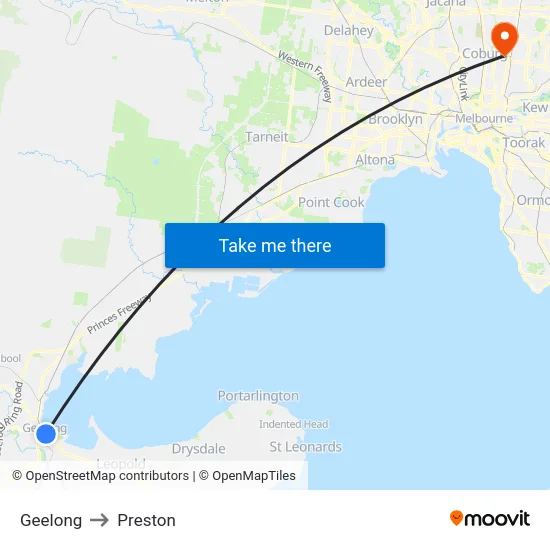Geelong to Preston map