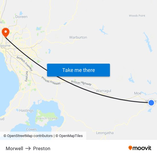 Morwell to Preston map