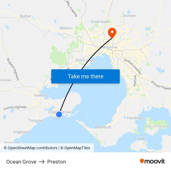 Ocean Grove to Preston map