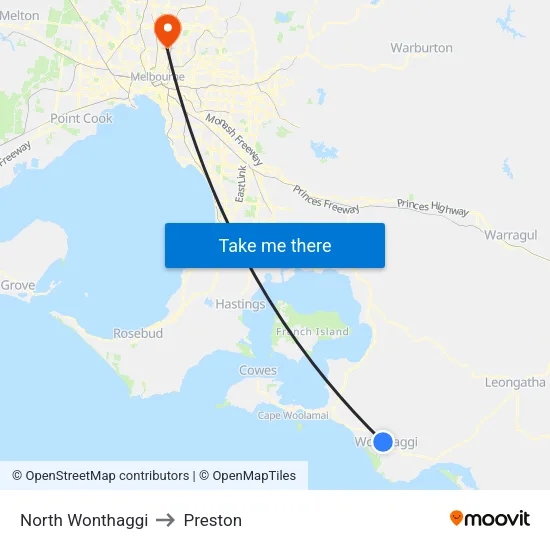 North Wonthaggi to Preston map