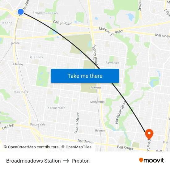 Broadmeadows Station to Preston map