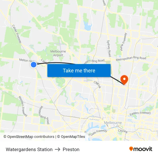 Watergardens Station to Preston map