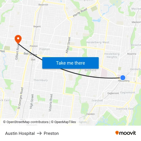 Austin Hospital to Preston map