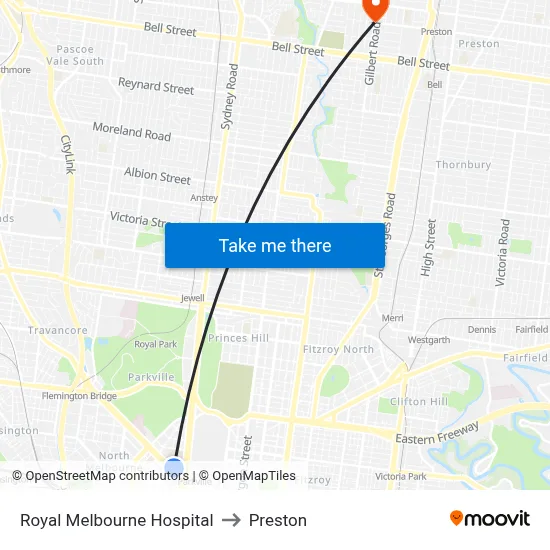 Royal Melbourne Hospital to Preston map