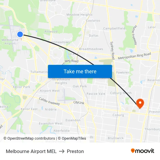Melbourne Airport MEL to Preston map