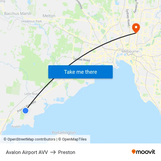 Avalon Airport AVV to Preston map