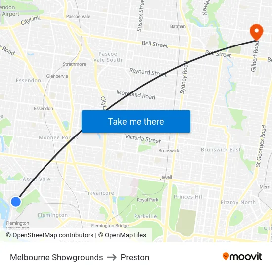 Melbourne Showgrounds to Preston map