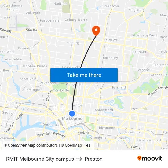 RMIT Melbourne City campus to Preston map
