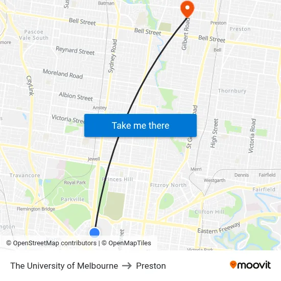 The University of Melbourne to Preston map