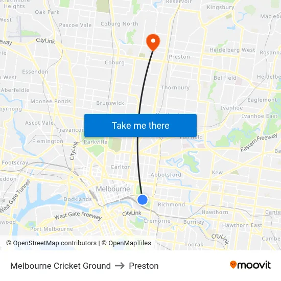 Melbourne Cricket Ground to Preston map